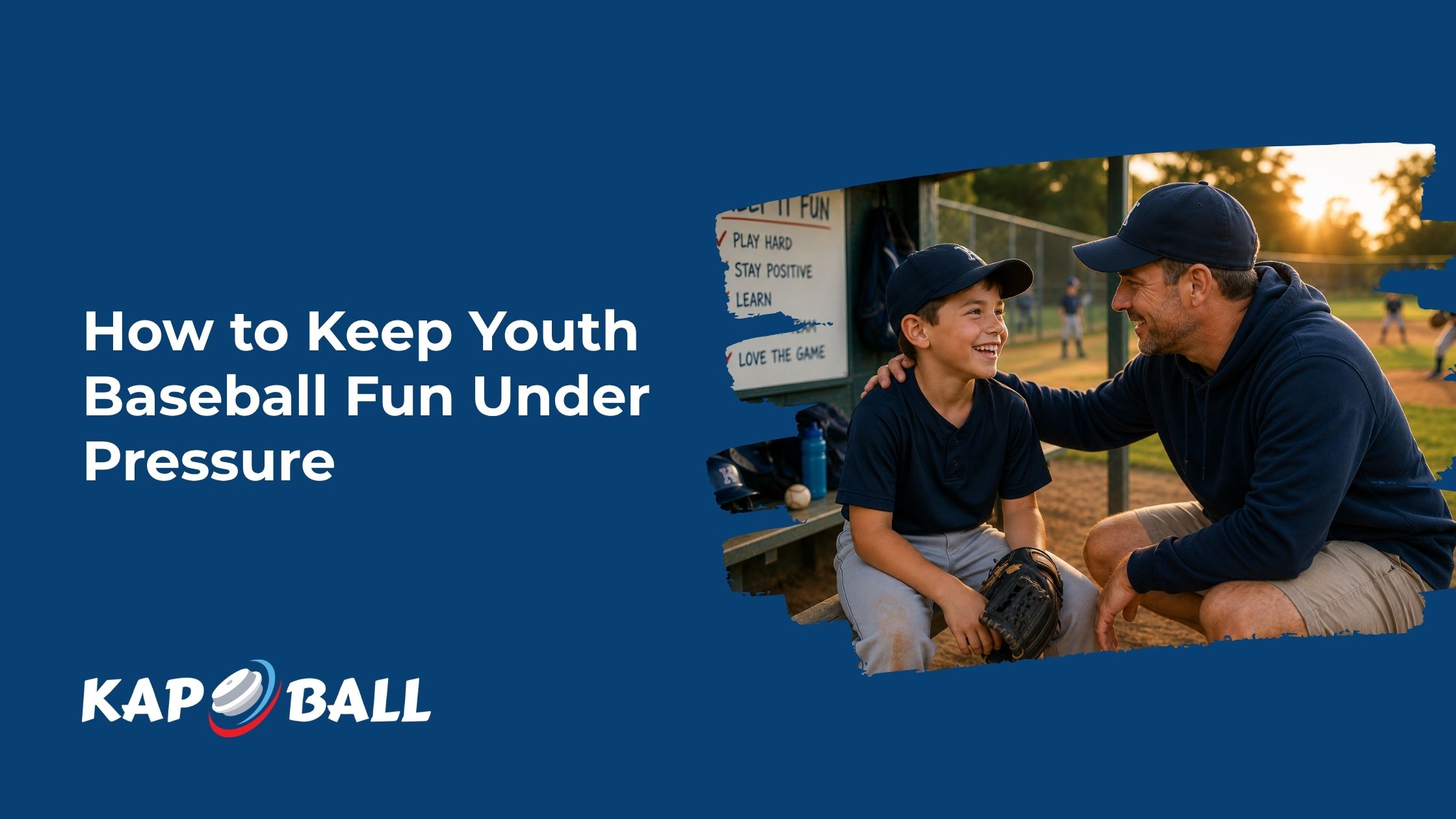 Youth baseball coach encouraging a smiling young player in the dugout before a game at sunset