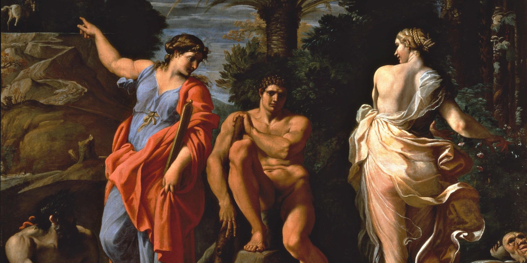 Hercules seated between Virtue, who points him up a steep mountain path, and Pleasure, who turns toward an easy garden