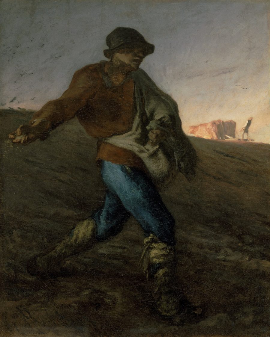 A peasant striding down a dark field at dusk, flinging seed from his sack