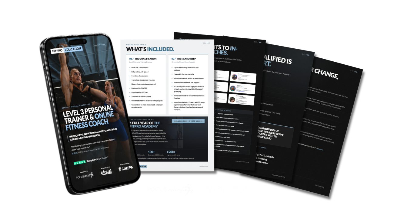 FitPro Education Course Guide — phone and printed page mockup