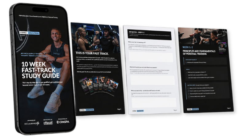 FitPro Education 10 Week Fast-Track Study Guide, shown on a phone next to sample workbook pages