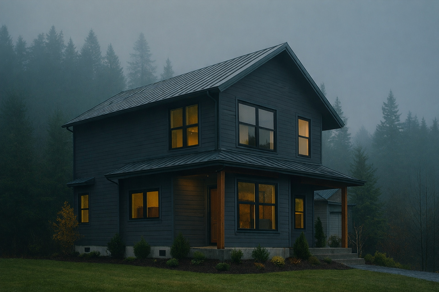 Freshly washed home exterior in the Skagit Valley fog