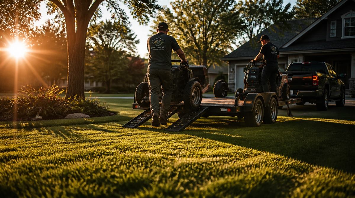 Landscaping crew loading mowers onto a trailer at golden hour