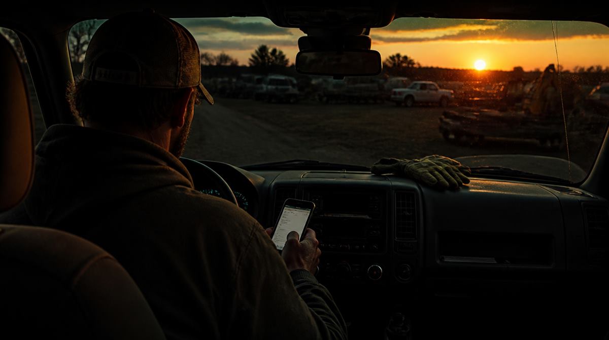 Landscaper checking missed leads on his phone from the truck at the end of the day