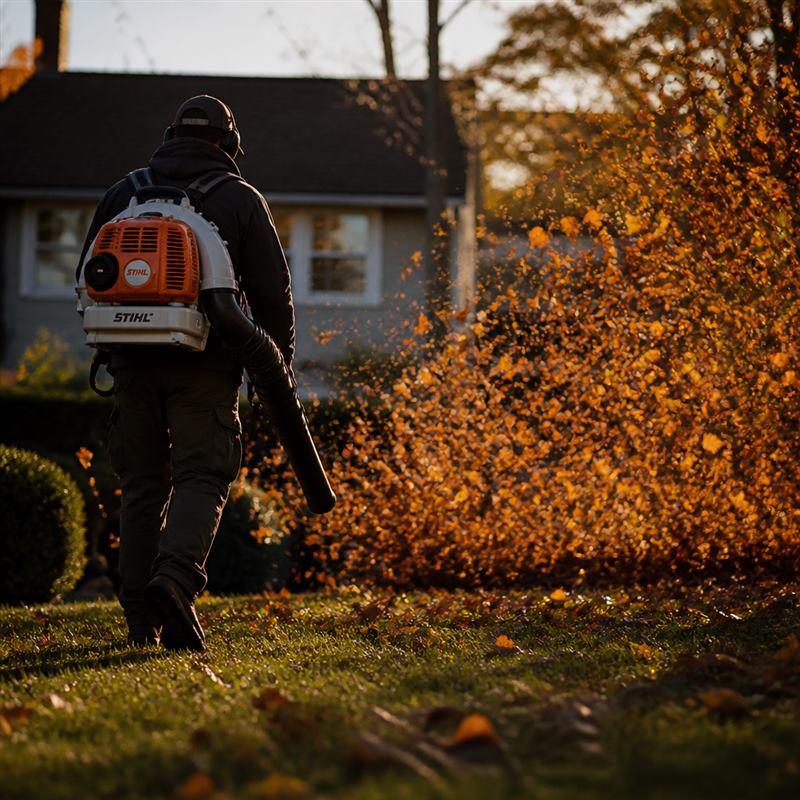 Fall leaf cleanup with a backpack blower