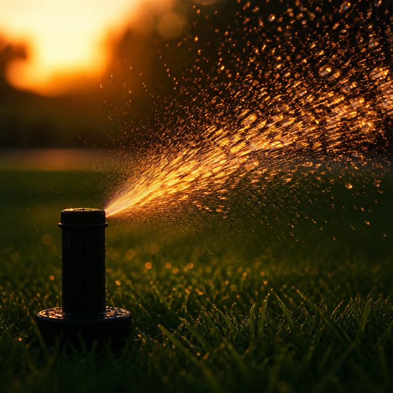 Irrigation sprinkler head watering a lawn at golden hour
