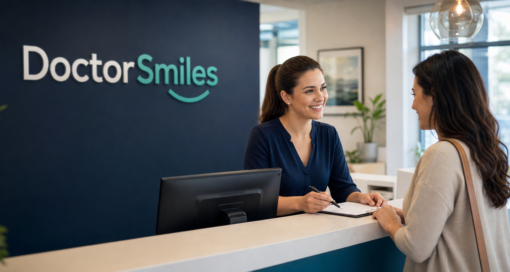 Dental receptionist welcoming a patient inside a DoctorSmiles-branded clinic