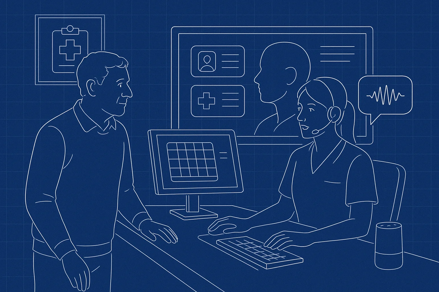 Clinic operations scene illustrating Voice AI patient identity