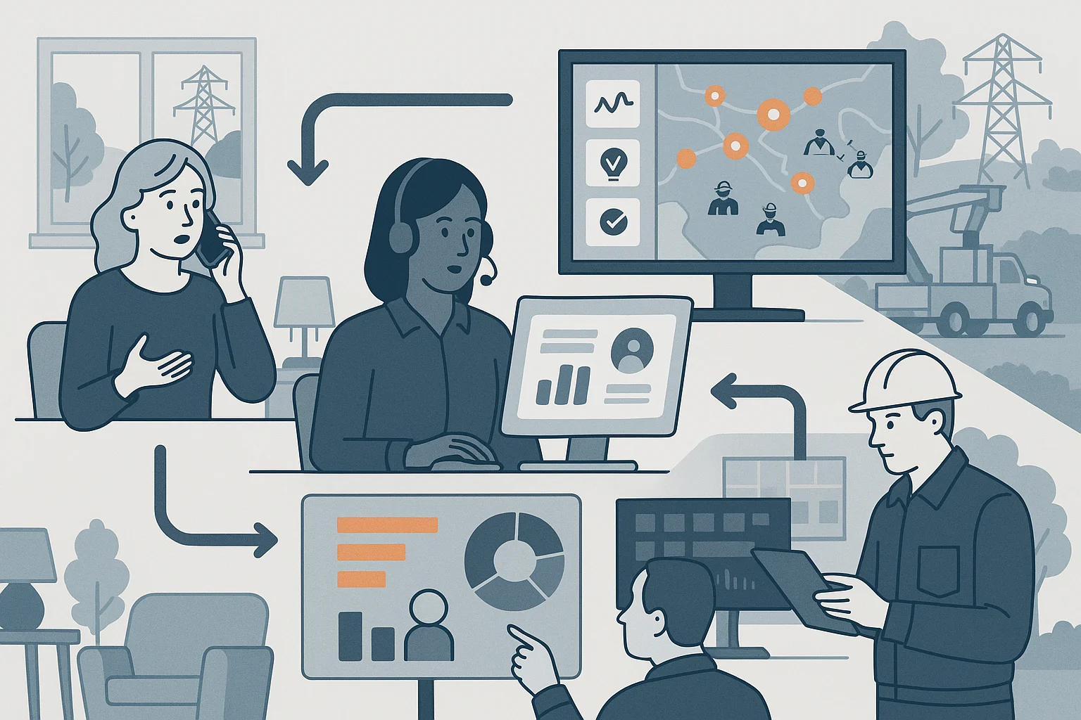Utility operations dashboard illustrating predictive outage response Voice AI