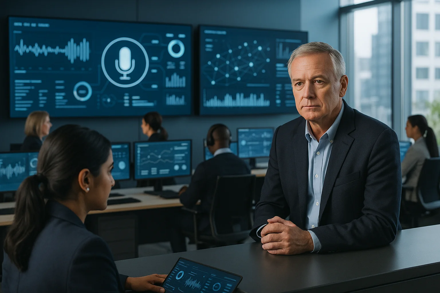 Executive operations visual illustrating Voice AI in Banking