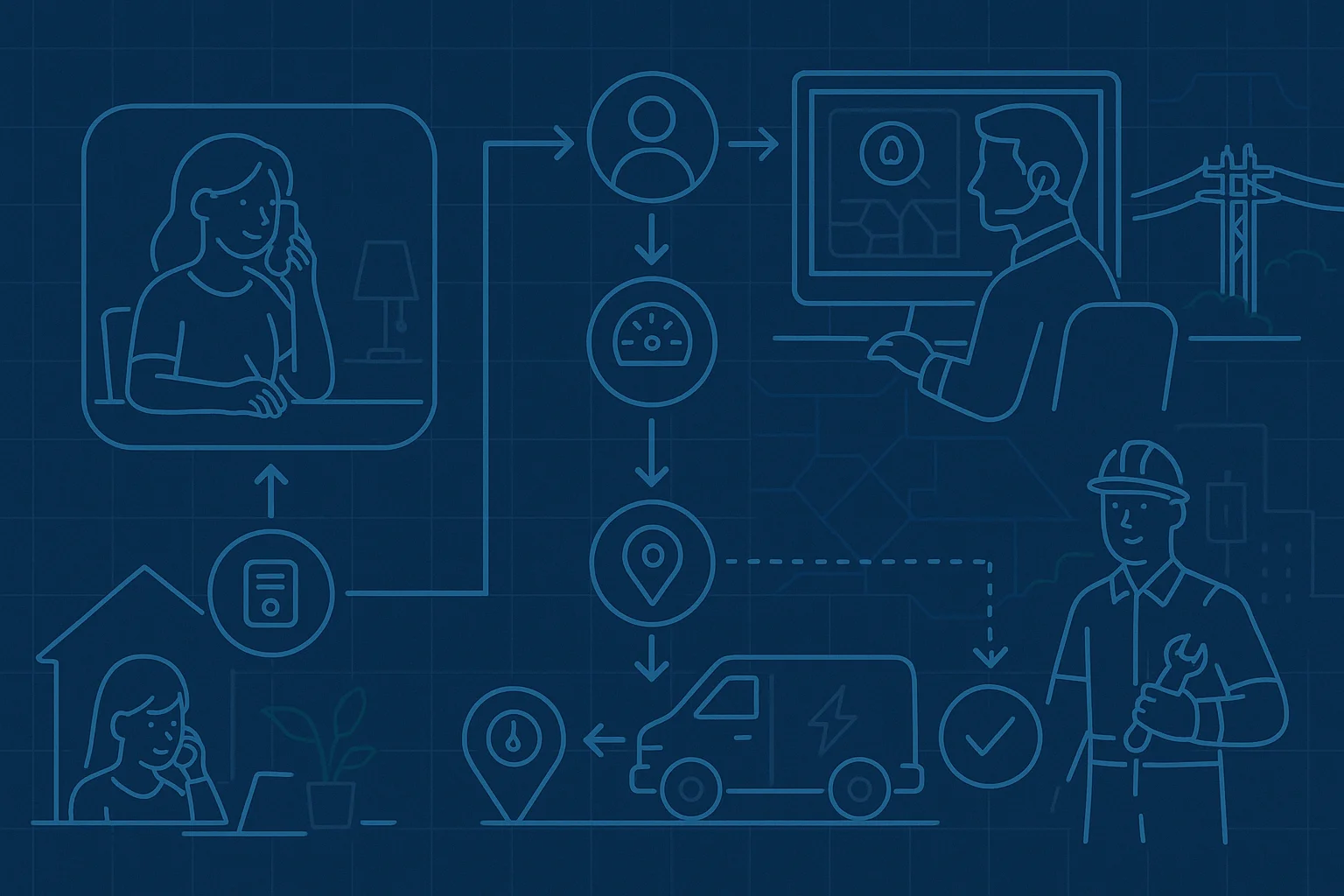 Utility request workflow illustrating Closed-loop QA Voice AI for utilities