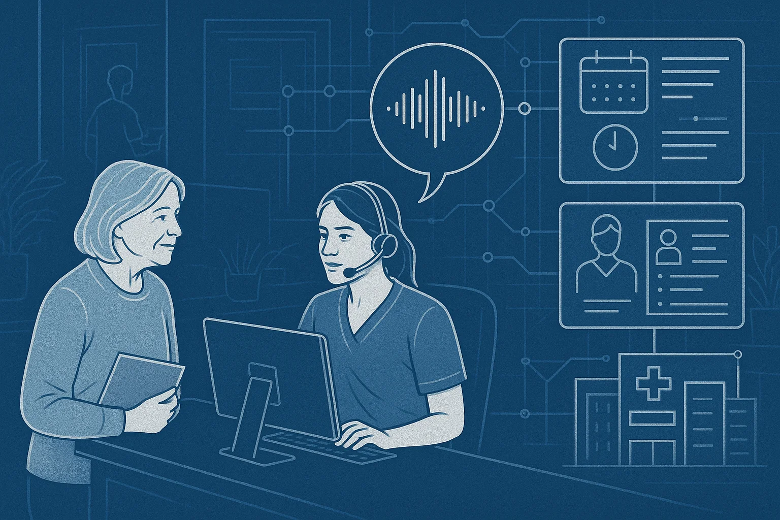 Clinic operations scene illustrating Voice AI patient access operating model
