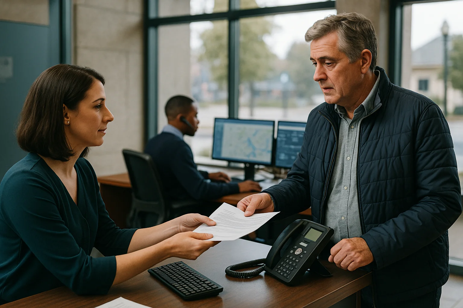 Public service resolution scene illustrating Municipal Voice AI Governance