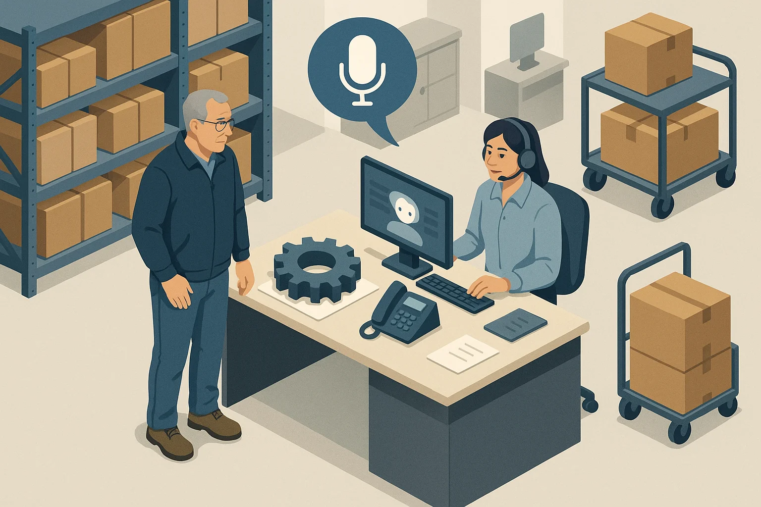 Industrial resolution scene illustrating Voice AI manufacturing customer service