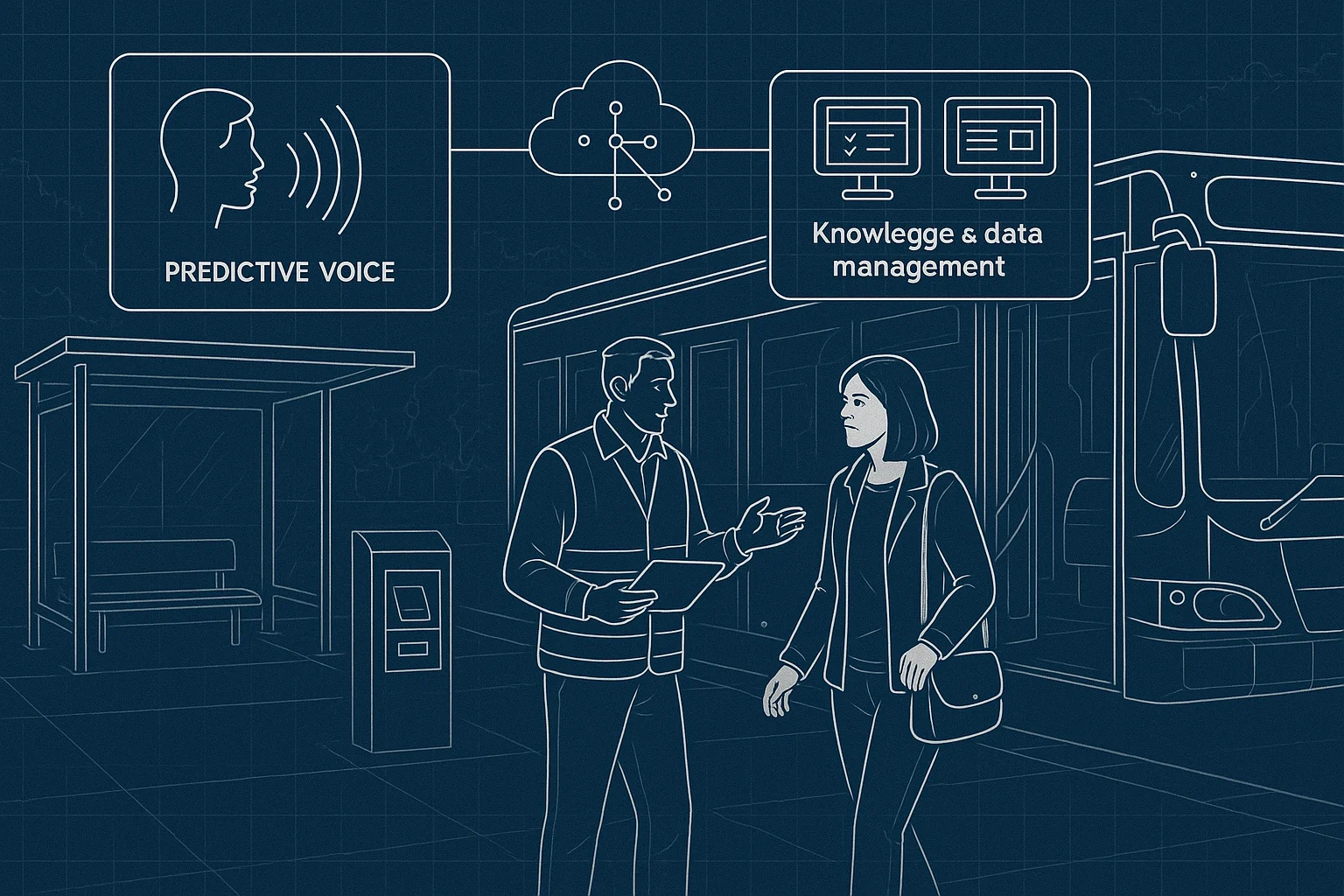 Field service scene illustrating predictive voice AI transit operating model