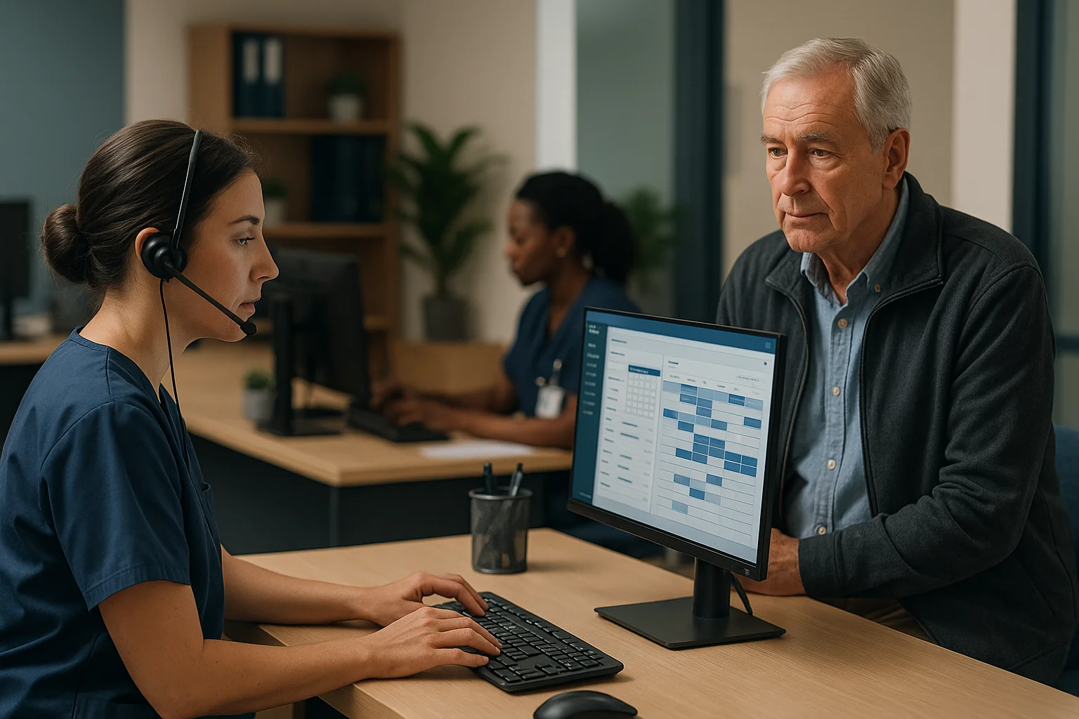 Clinic operations scene illustrating Predictive patient-access orchestration
