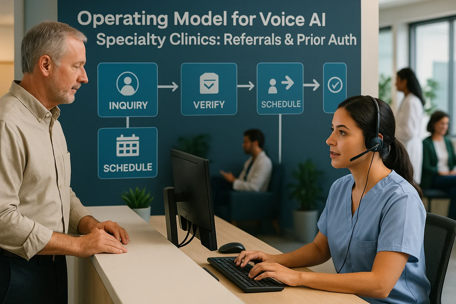 Patient service workflow illustrating Voice AI referrals prior authorization