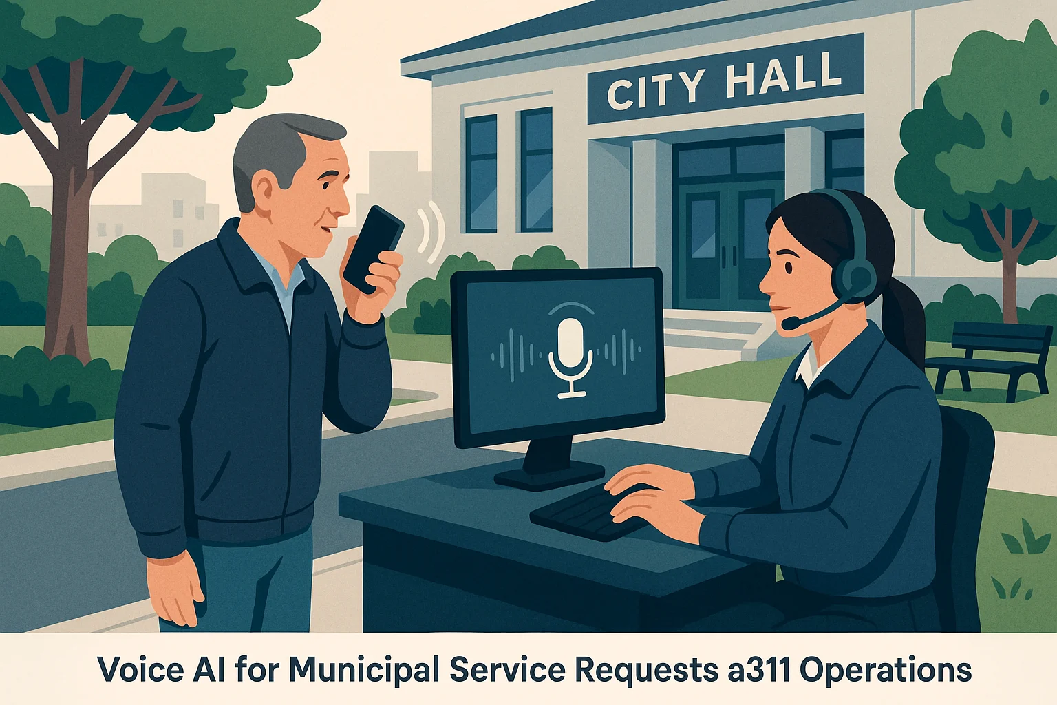 Public service resolution scene illustrating Voice AI 311 operations