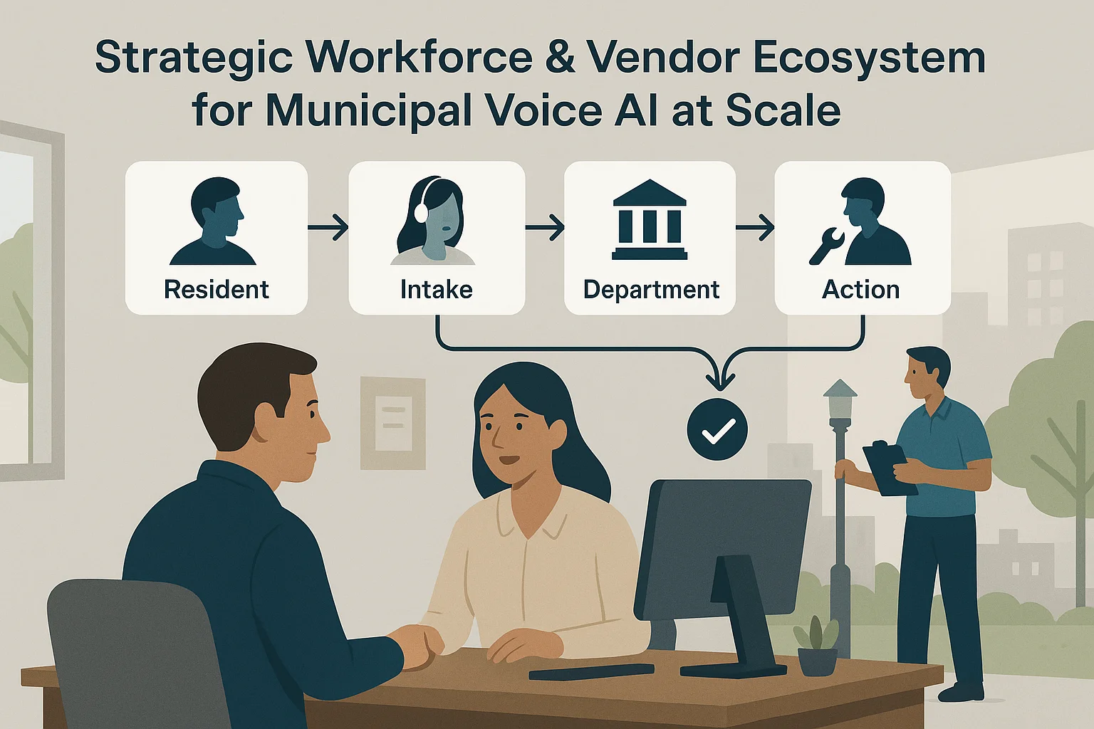 Municipal request workflow illustrating Municipal Voice AI operating model