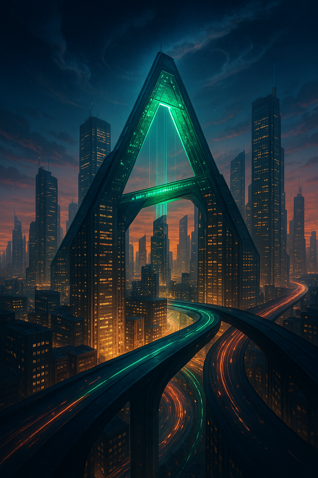 Futuristic Toronto city skyline forming the Peak Demand logo representing Canadian AI agency innovation, Voice AI services, and automation