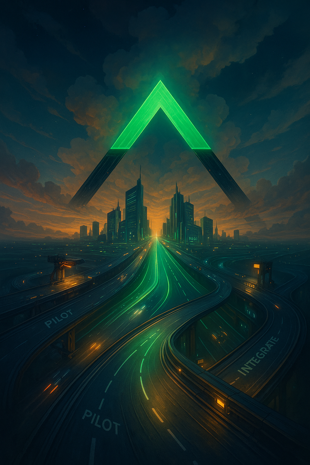 Futuristic highways forming the Peak Demand logo symbolizing how Peak Demand pilots, integrates, scales, and manages Voice AI automation