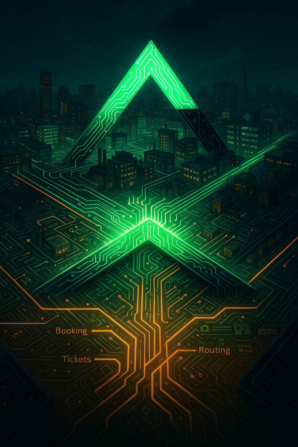 Peak Demand logo built from smart city circuits symbolizing API integrations, AI automation workflows, and Voice AI business systems