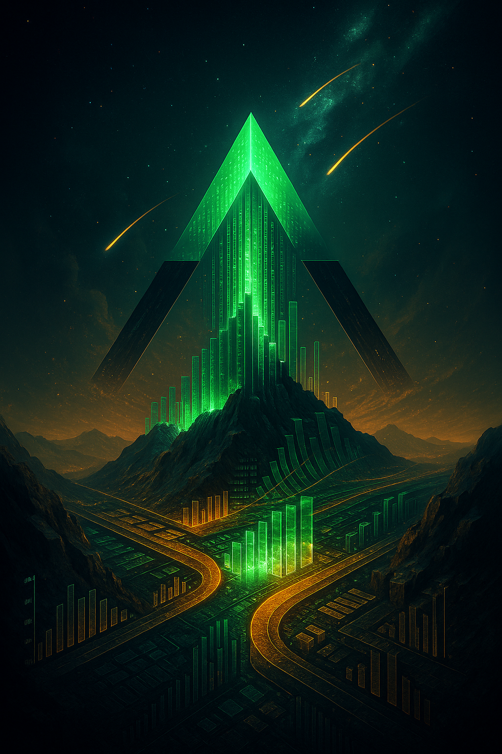 Peak Demand logo as a data mountain with glowing charts symbolizing measurable AI automation results, reporting, and business outcomes