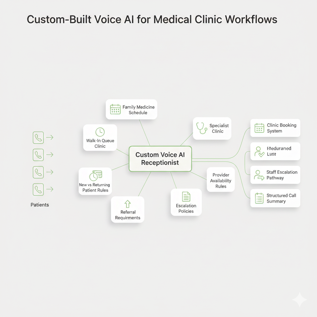 Voice AI receptionist dashboard for a Canadian medical clinic showing reduced missed calls, increased bookings, and after-hours appointment capture