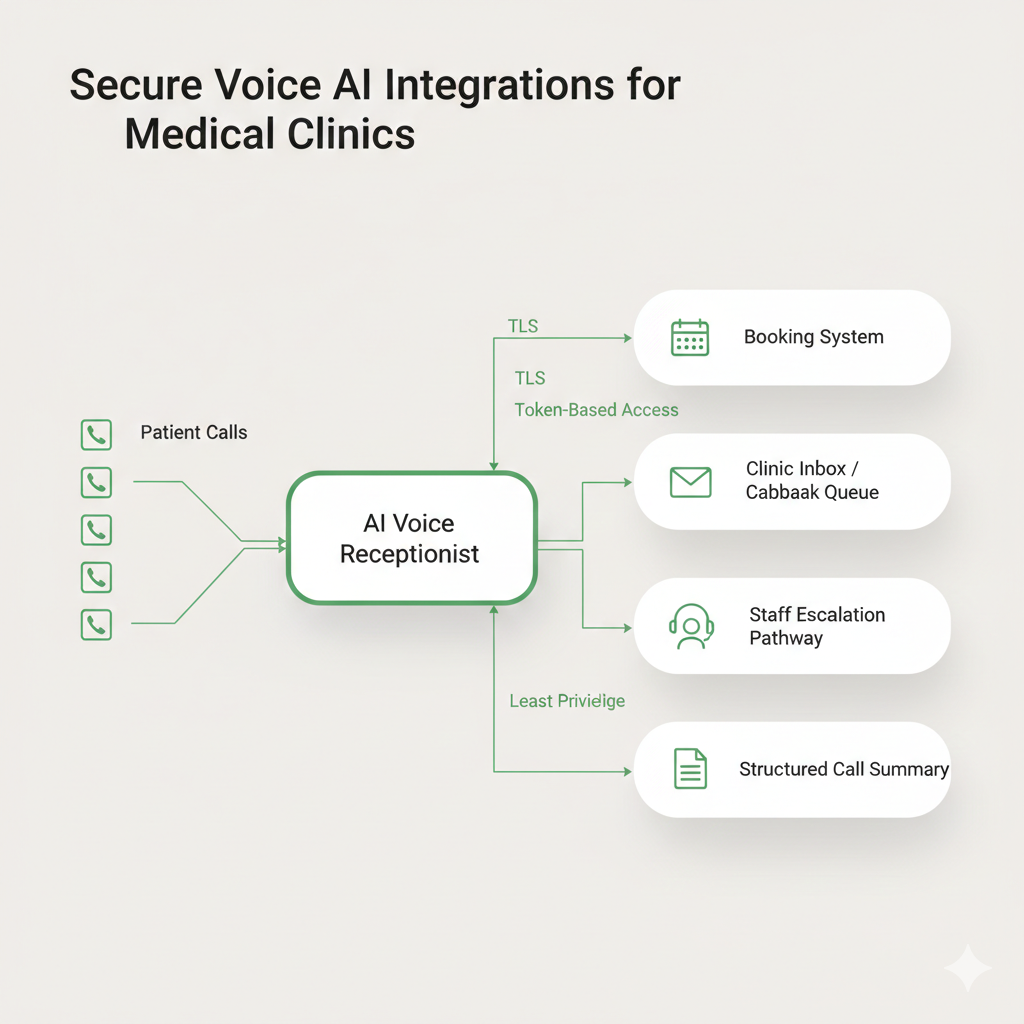 AI voice receptionist for a Canadian medical clinic integrating with booking systems and clinic workflows using secure least-privilege connections