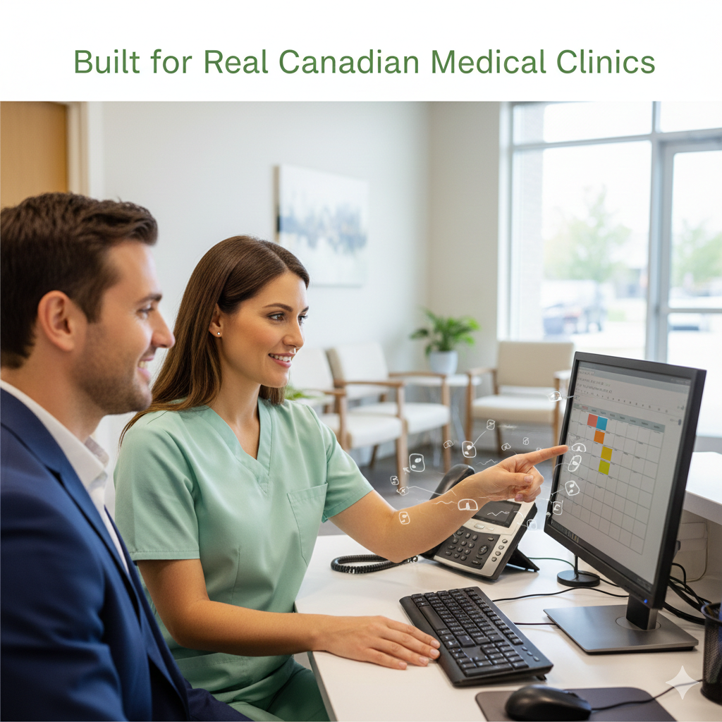 AI voice receptionist supporting a Canadian medical clinic front desk, helping staff reduce missed calls and manage appointments without replacing human reception