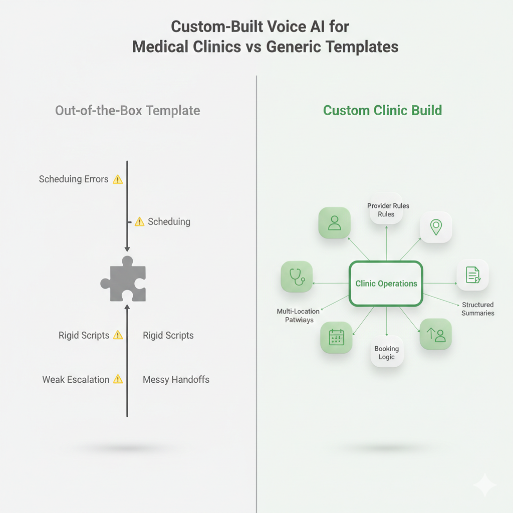 Custom-built voice AI receptionist for a medical clinic compared to out-of-the-box receptionist software, showing tailored workflows, escalation logic, and clinic-specific booking rules