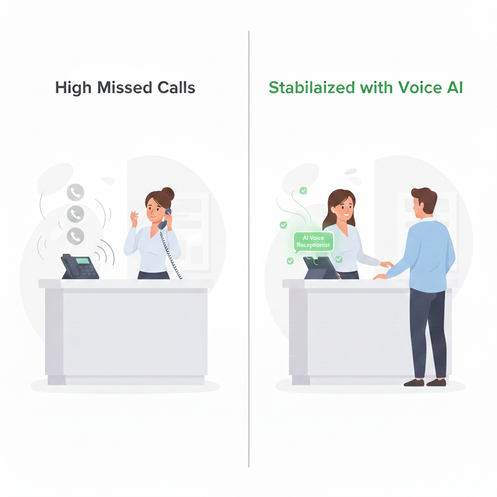 AI voice receptionist reducing missed calls and increasing appointment booking capture for a busy Canadian medical clinic, showing stabilized call flow and protected staff capacity