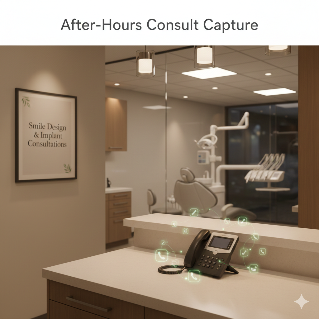 After-hours AI voice receptionist capturing implant and cosmetic dental consult calls in Canada