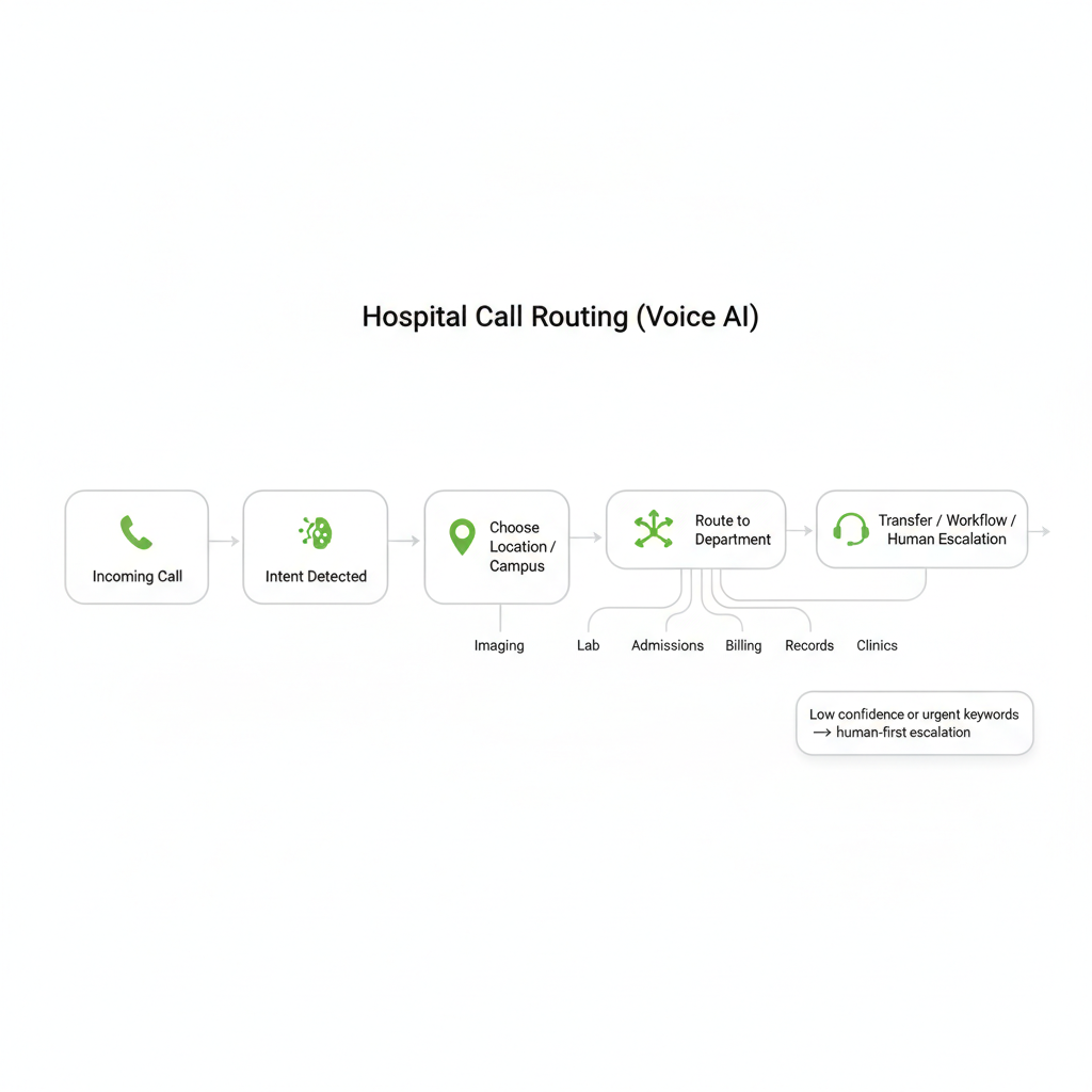 Voice AI hospital call routing diagram for switchboard automation with department transfers and multi-location navigation