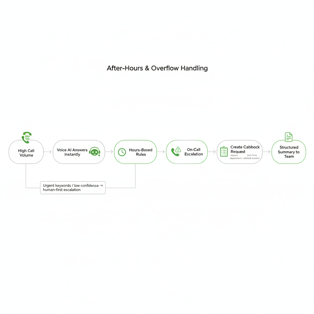 After-hours hospital voice AI call routing workflow showing overflow handling, on-call escalation, and structured callback queue