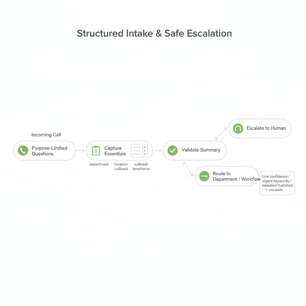 Structured intake and safe escalation workflow for a hospital voice AI call routing system with human-first handoff