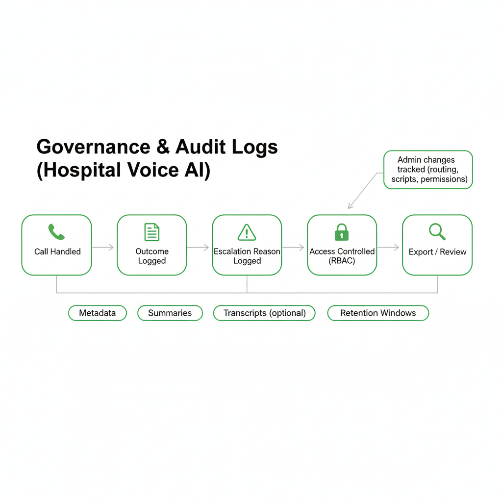 Hospital voice AI governance and audit logging diagram showing call outcomes, escalation reasons, RBAC access controls, and exportable records
