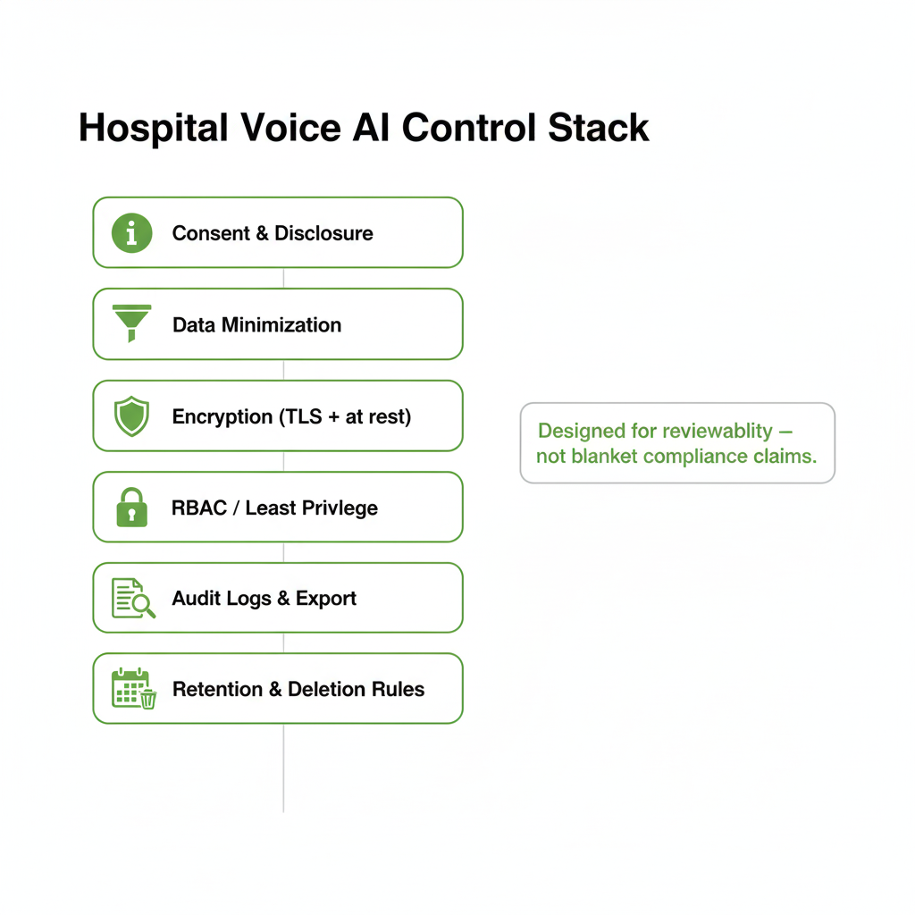 Hospital voice AI privacy and security control stack diagram showing consent, data minimization, encryption, RBAC, audit logs, and retention
