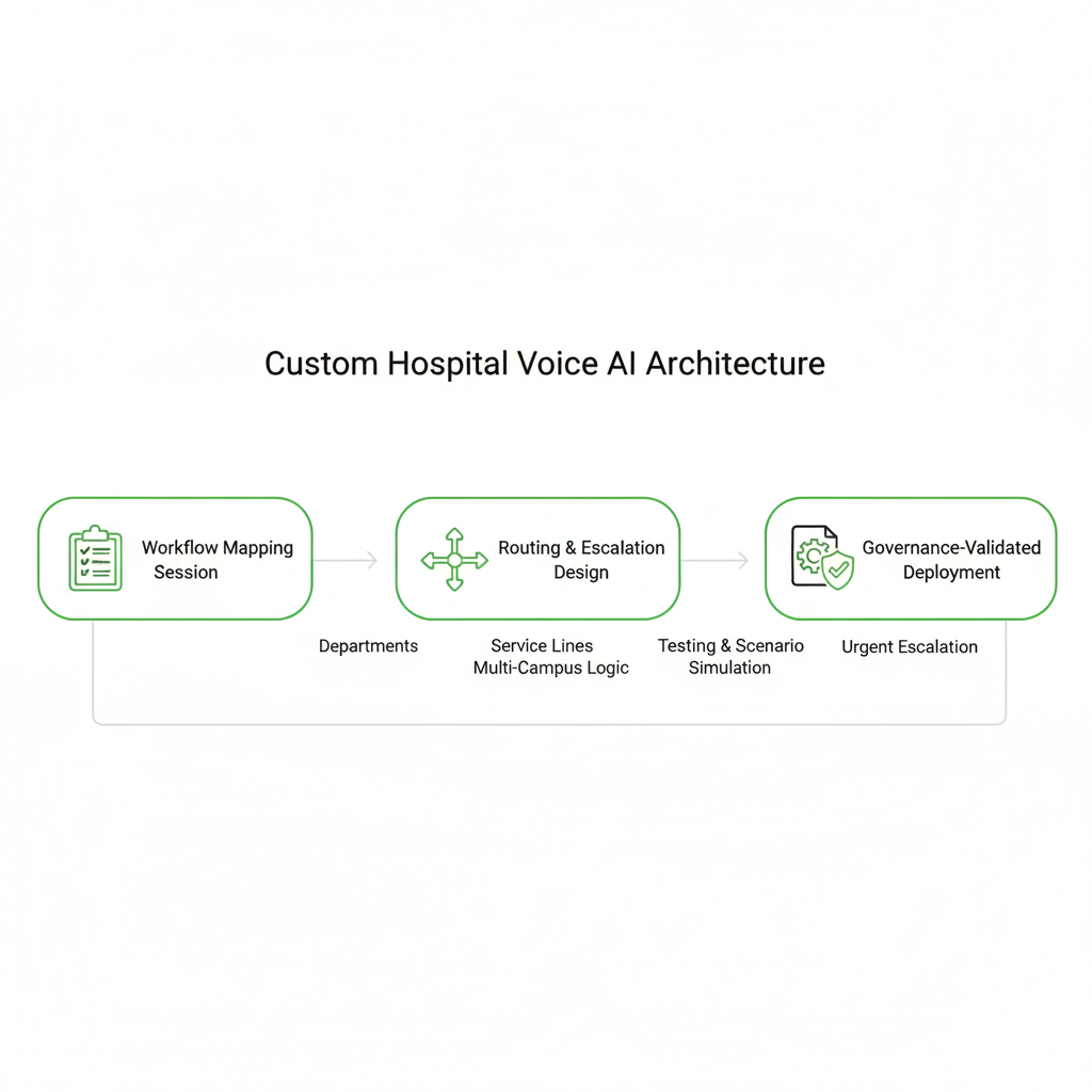 Custom-built hospital voice AI workflow mapping session diagram showing department logic, escalation rules, and multi-location routing