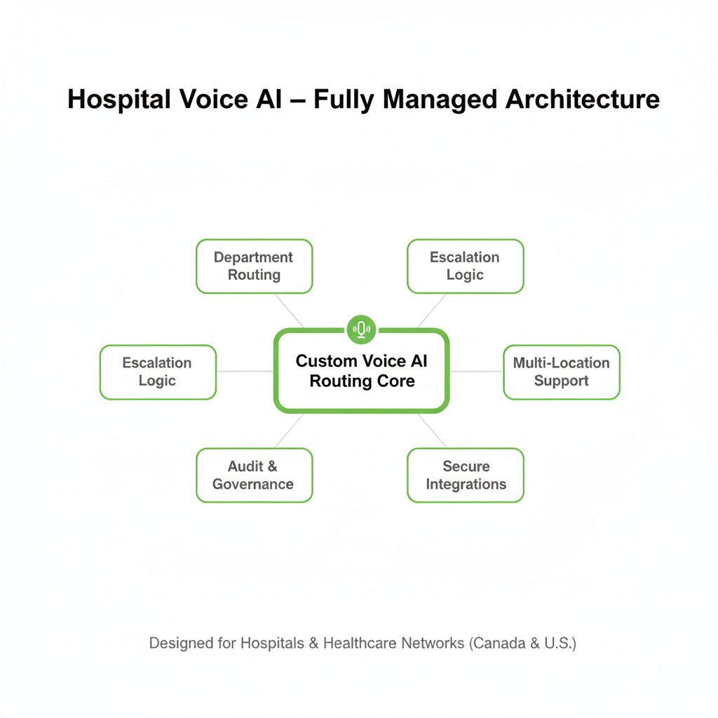 Enterprise hospital voice AI architecture overview showing routing, escalation, governance, and multi-location network support