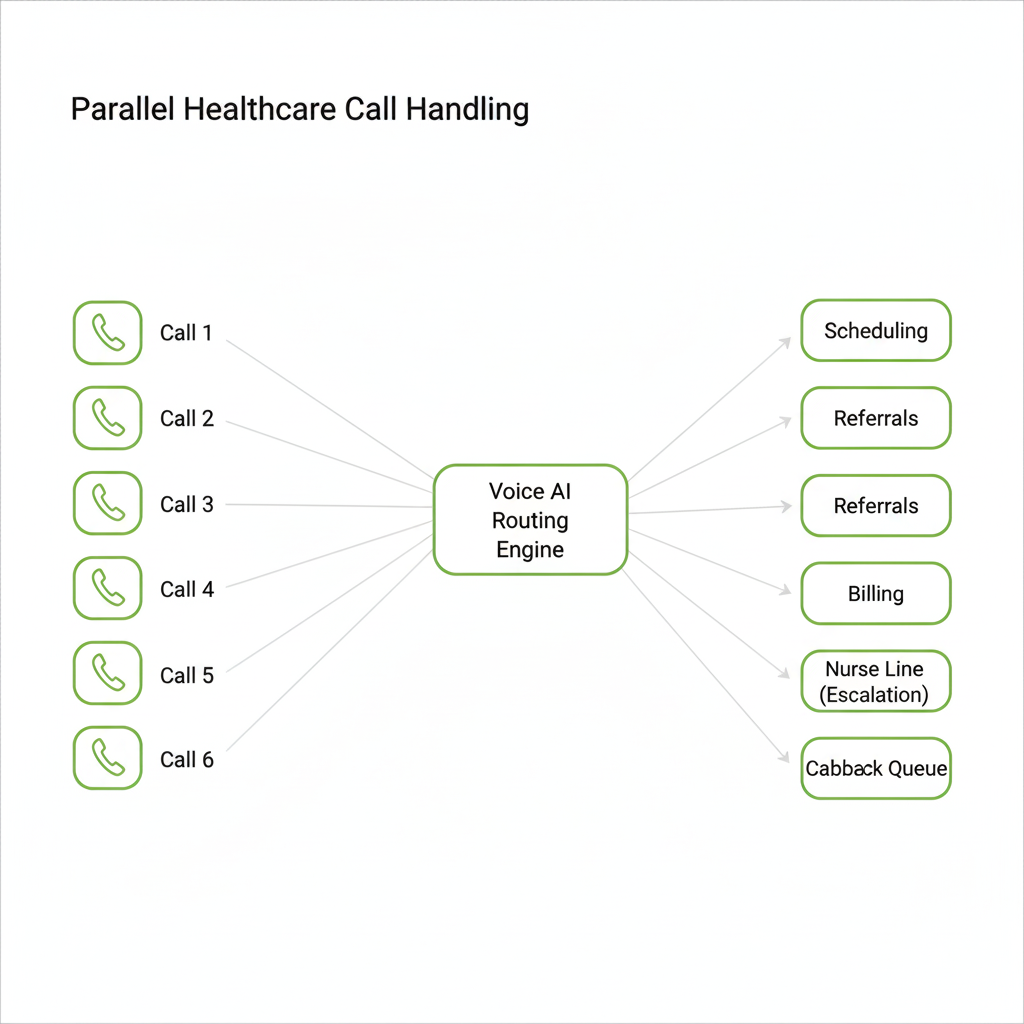 Healthcare voice AI call center handling multiple inbound calls in parallel with structured routing and escalation
