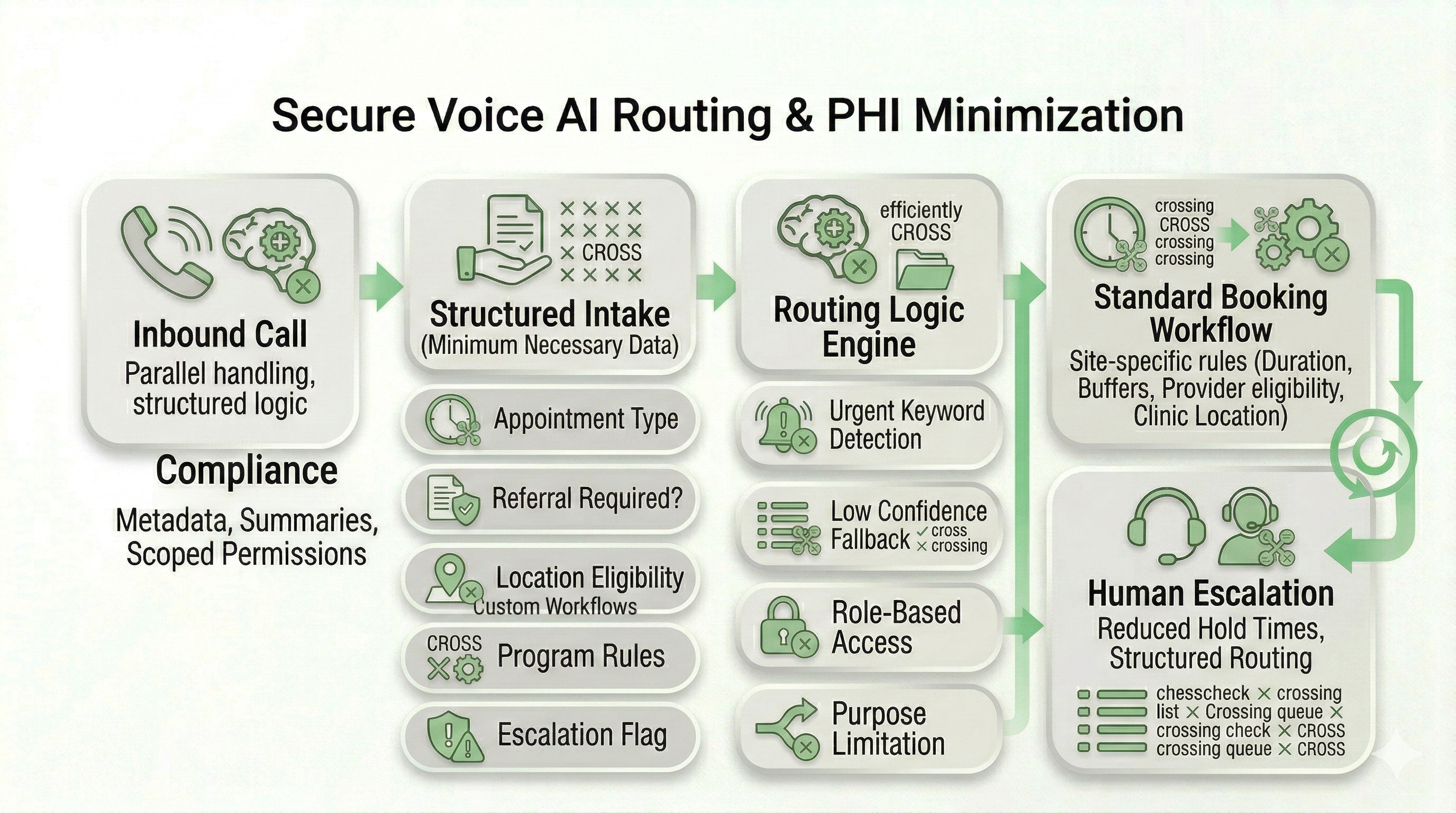 HIPAA aligned voice AI routing flow showing data minimization, escalation controls, and structured booking workflow