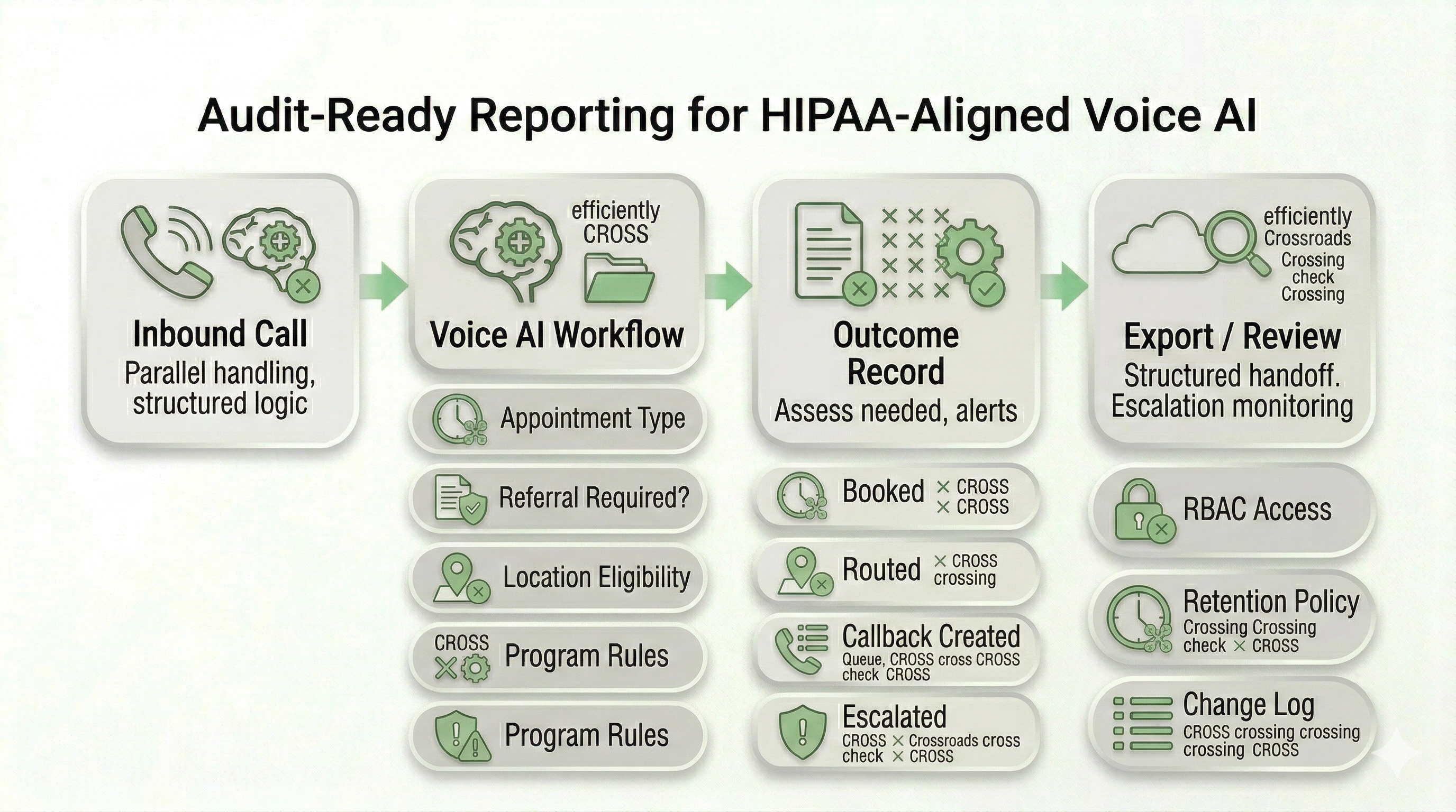 Audit-ready reporting flow for HIPAA aligned voice AI showing call outcome record, RBAC access, retention policy, and export for review