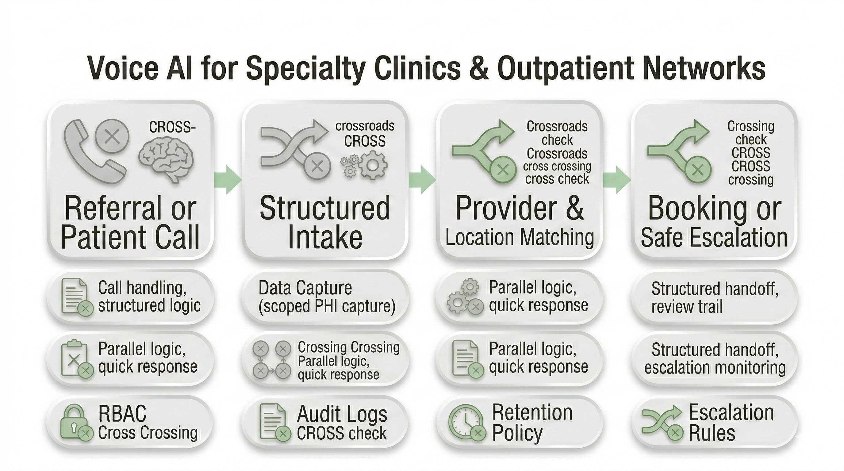 Voice AI receptionist workflow for specialty clinic referral intake and outpatient scheduling with safe escalation