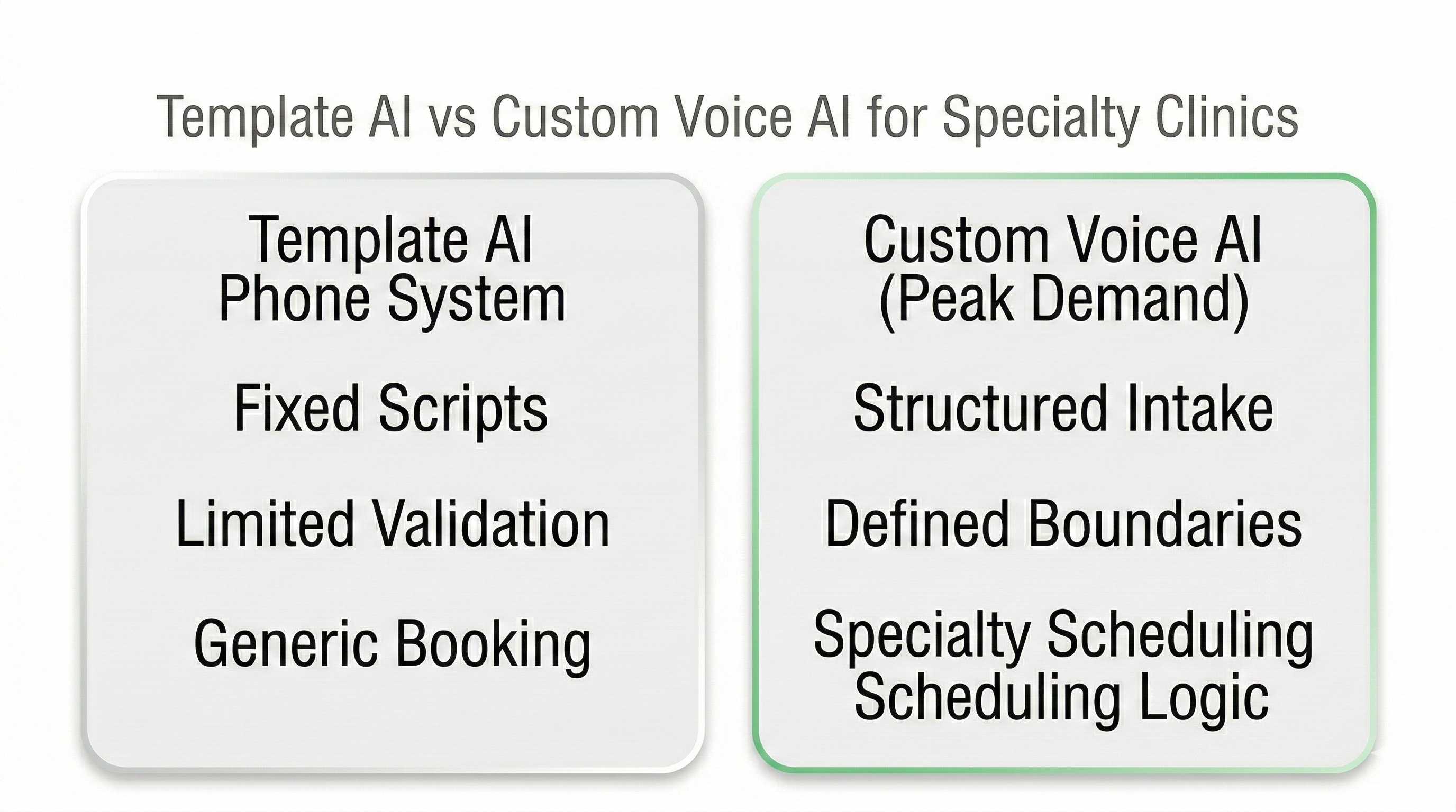 Comparison of template AI phone system versus custom voice AI for specialty outpatient clinic scheduling and referral intake