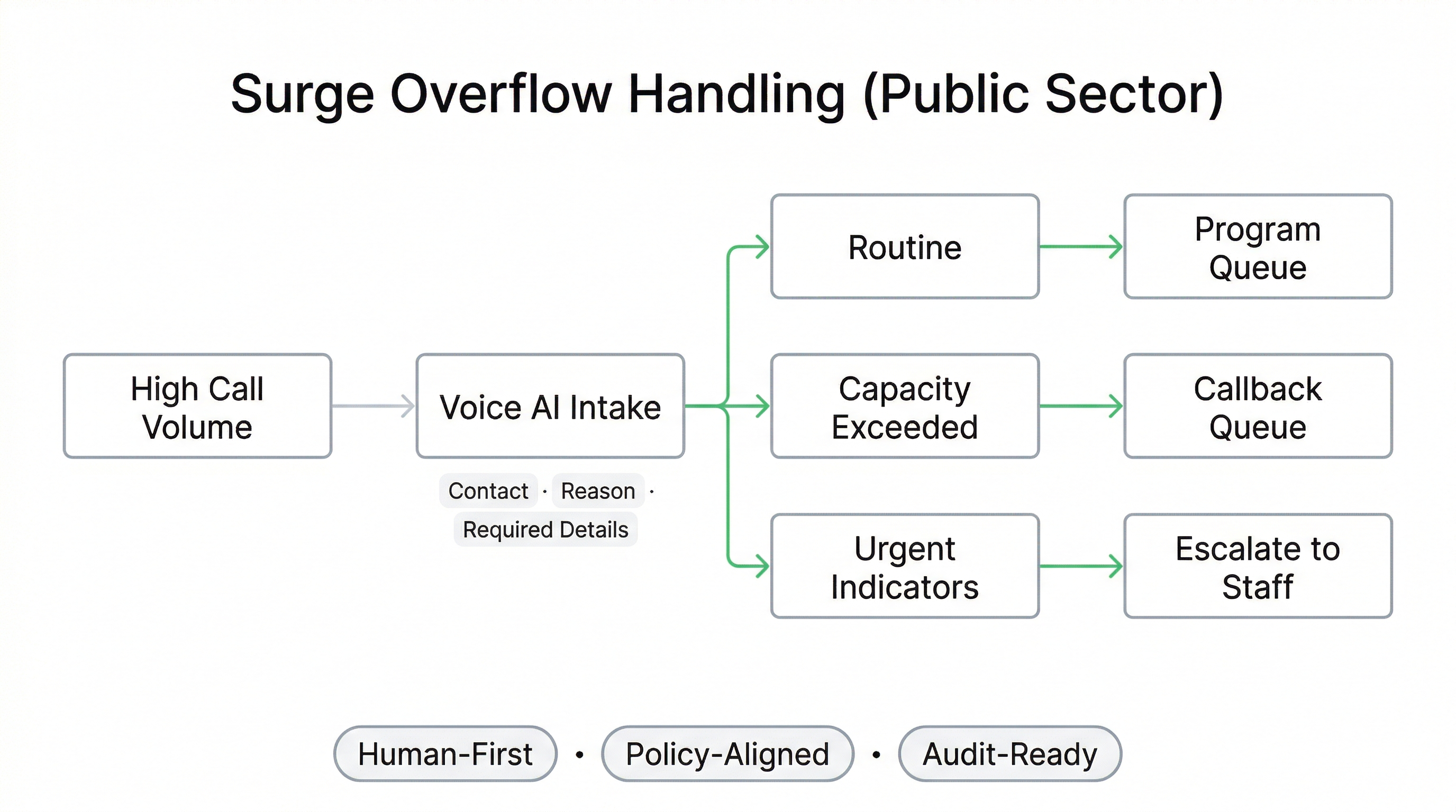 Voice AI surge capacity for public sector health systems capturing overflow intake creating callback queues routing to program lines and escalating urgent cases to staff