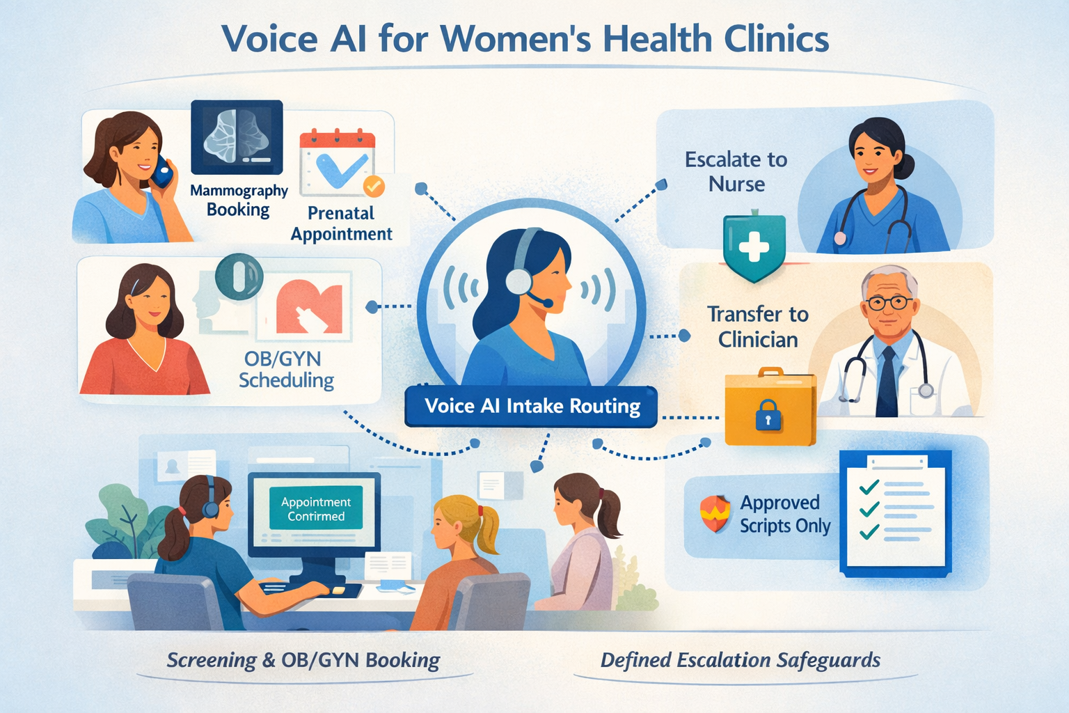 Voice AI for women’s health clinics coordinating screening appointments and OB/GYN intake routing