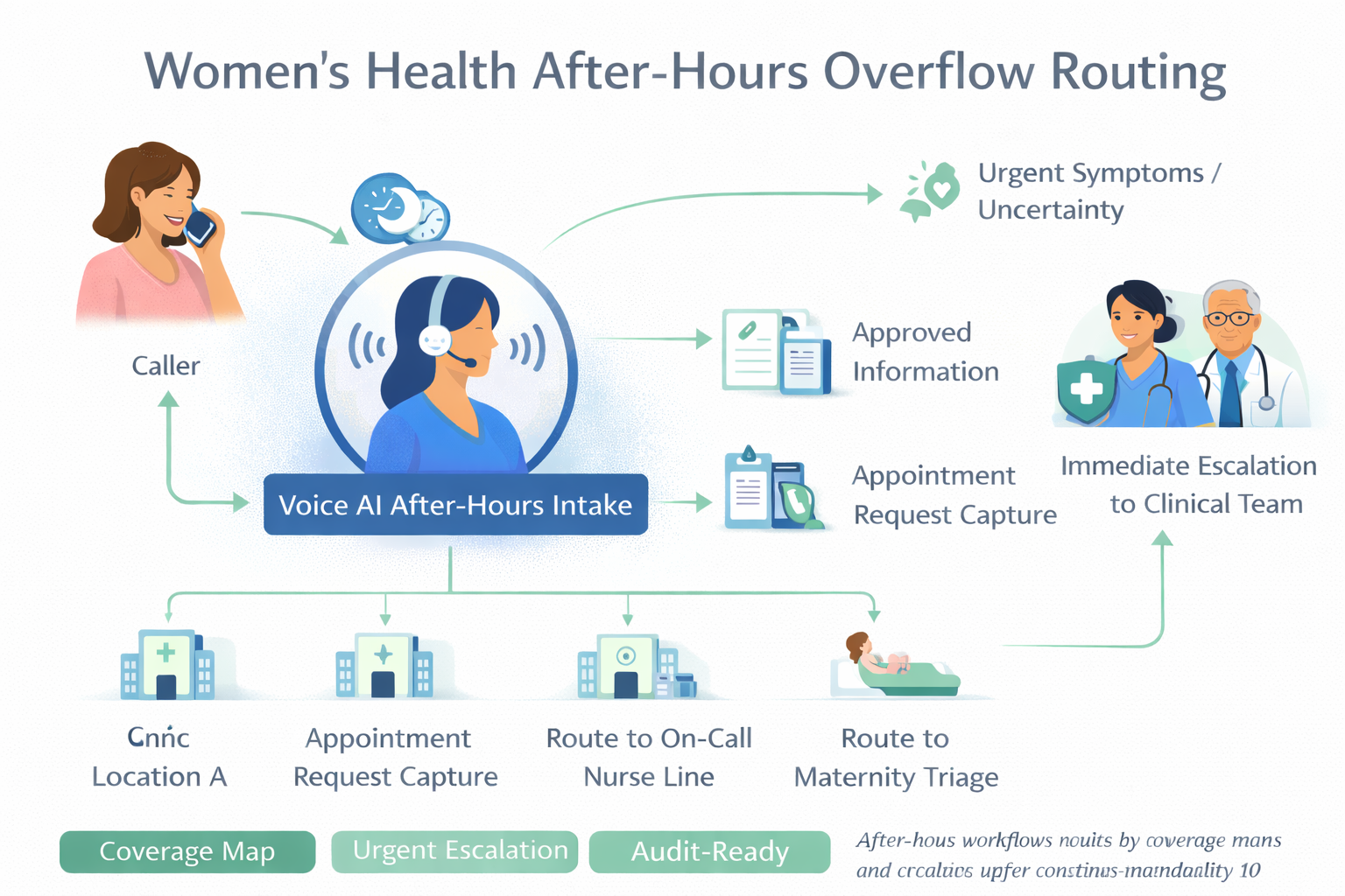 After-hours women’s health Voice AI overflow routing with time-based coverage rules and urgent symptom escalation