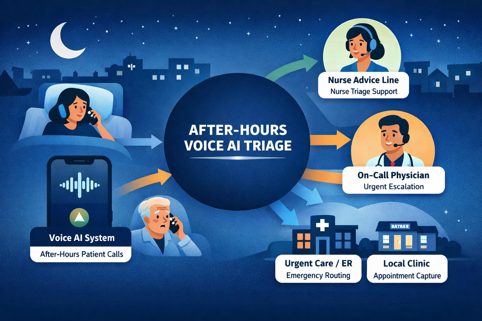 After-hours healthcare Voice AI routing patient calls to nurse lines, clinics, and urgent care services