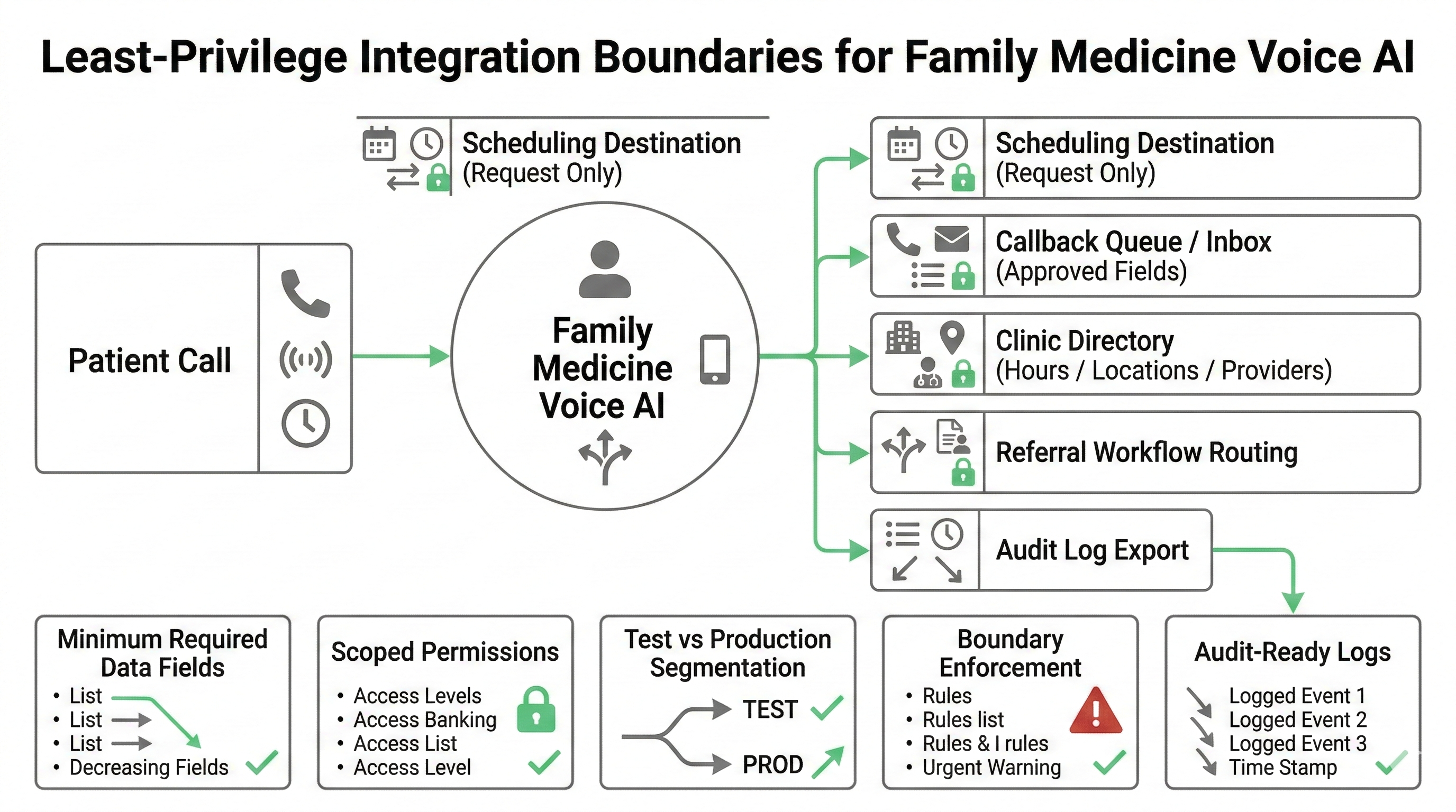 Least-privilege integration boundaries for family medicine Voice AI with minimum data fields and scoped permissions